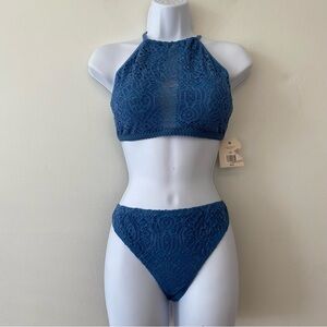 Wonderly All Day Crochet swim bikini set blue halter top